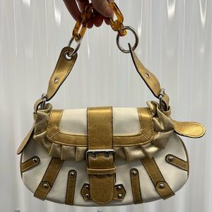 Y2K Stoneridge gold & cream mini shoulder bag • tortoiseshell chain • 2000s